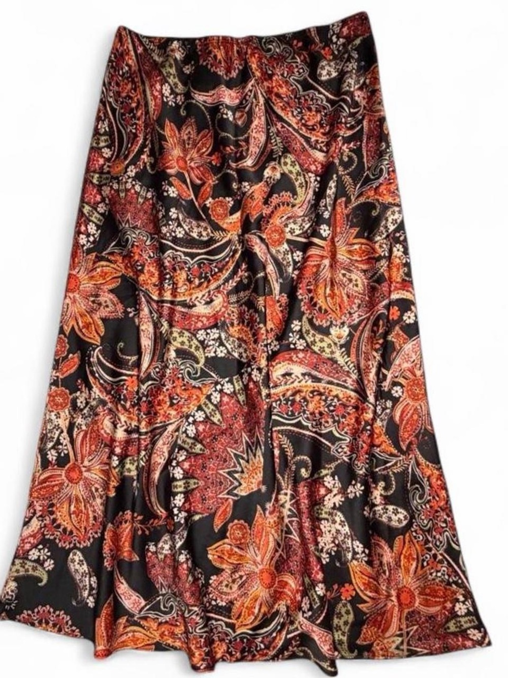 Vince Camuto Black Floral Paisley Midi Skirt with Orange Accents